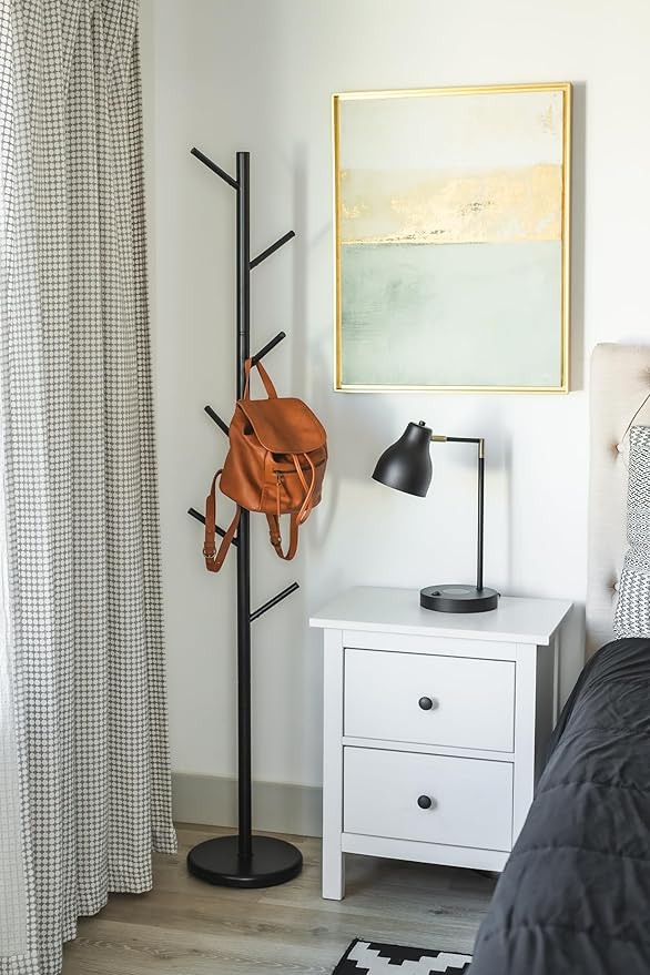 Coat Rack Black Freestanding - Modern Hat and Coat Stand with 6 Hooks - Black Powder-Coated Tubular Steel, Compact 11.0" Base, 66.1" Height for Entryway, Office, or Bedroom Organization