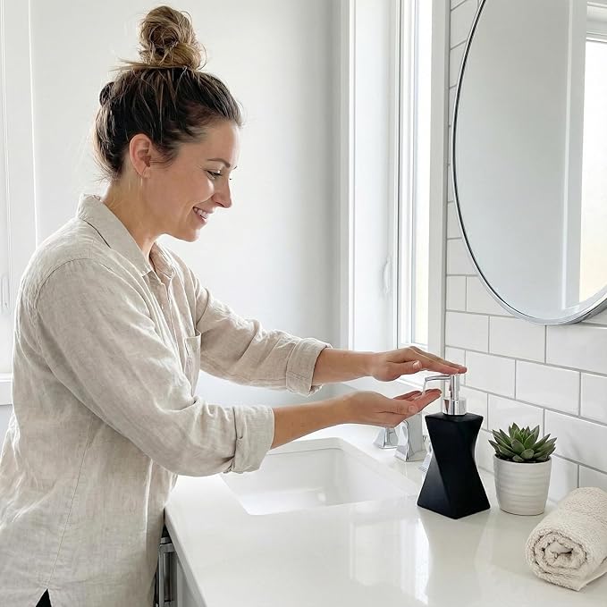 Modern Black Hand Soap Dispenser for Bathroom Countertop, Dish Soap Dispenser for Kitchen Sink, Contemporary Art Style, Matte Finish, 8.5oz (Pebble Black)