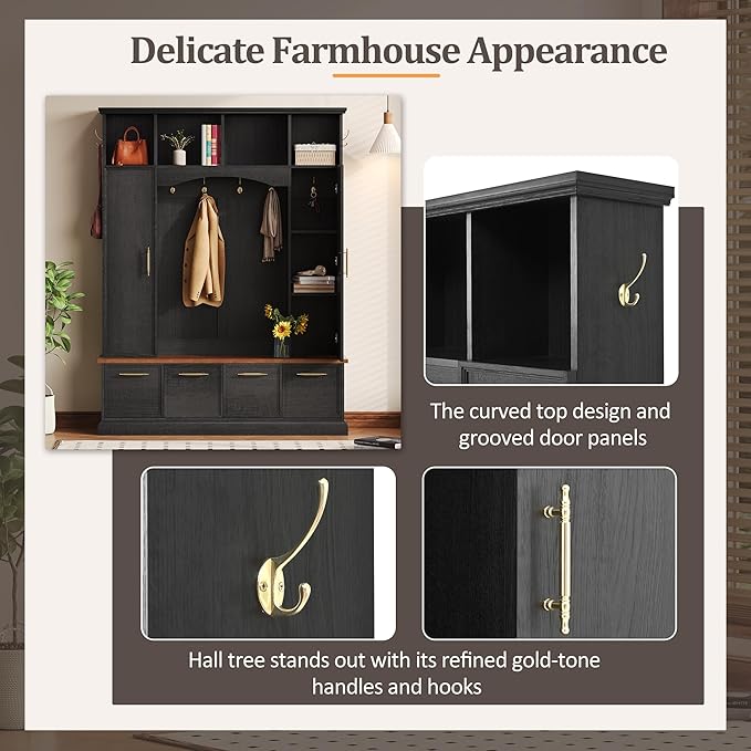 Versatile Hall Tree with Golden Hooks and 2 Doors, 5-in-1 Wood Coat Rack Entryway Shoe Cabinet with Bench& Adjustable Shelves, Functional 59'' Wide Hall Tree for Entrance Hallway (Black-8.2)