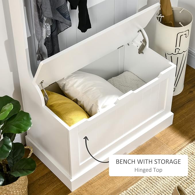 HOMCOM Hall Tree with Bench and Shoe Storage, 3-In-1 Entryway Bench with Coat Rack, 4 Hooks and Flip Top Storage Compartment, White