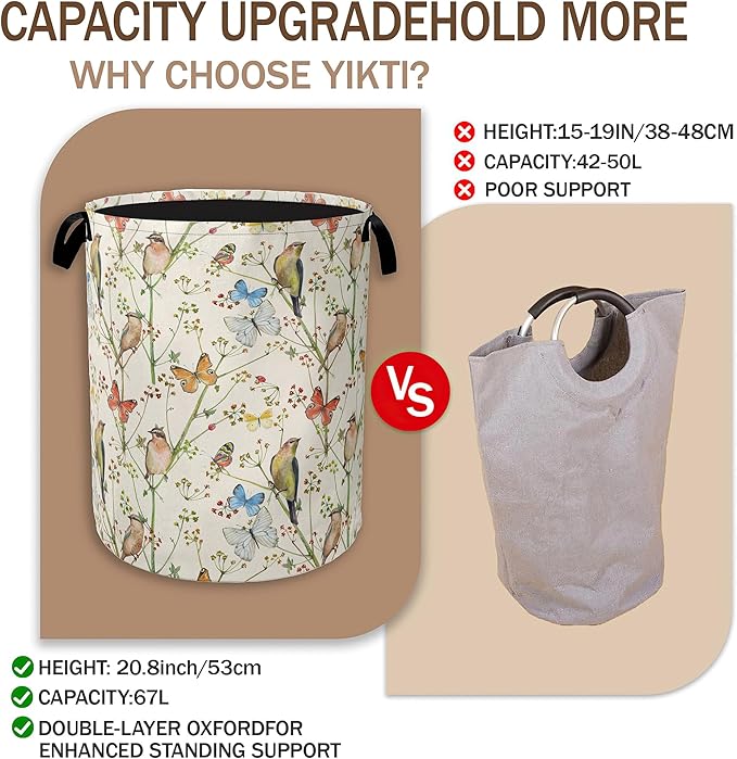 Laundry Hamper,Watercolor Bird Laundry Basket,Spring Flower Butterfly Portable Collapsible Laundry Room Organization Storage for Dorm Room,Nursery,Bathroom,Bedroom,16x20 Inch