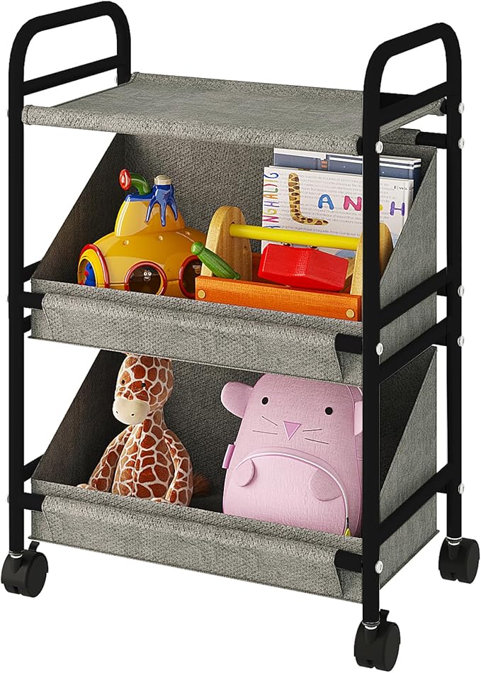 Buzowruil Utility Rolling Fabric Storage Rack Trolley Toy Rack Trolley with 2 Large Storage Boxes,Wheels, Suitable for Bedroom, Living Room, Entryway, Grey