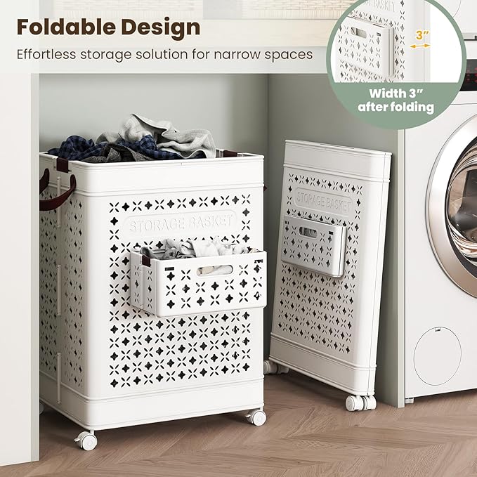 Giantex 75L Collapsible Laundry Baskets with Wheels, Foldable Laundry Basket with Wheels, Handles & Underwear Basket, Large Plastic Laundry Hamper for Bathroom, Bedroom, Dorm