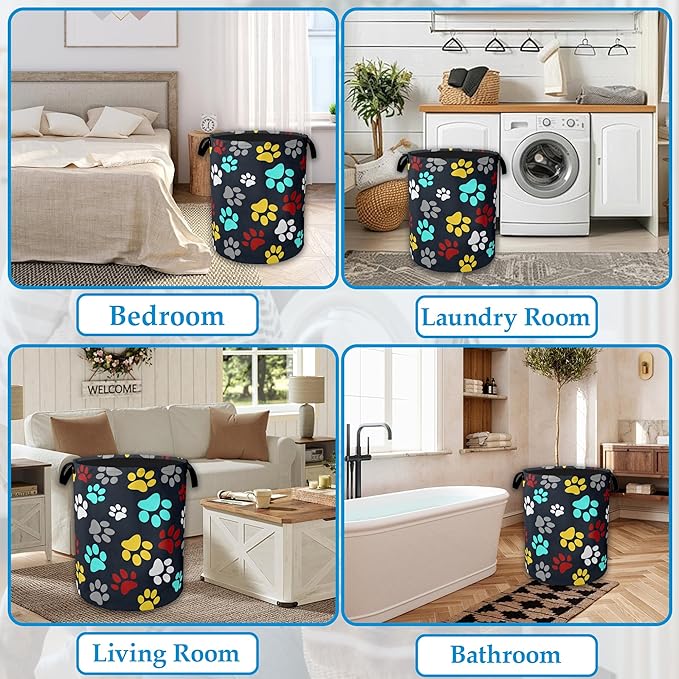 Colourful Paw Prints Laundry Basket Collapsible Laundry Hamper with Handle, Oxford Clothes Toy Storage Bin for Bathroom Bedroom Room Decor 16" X 20.8"