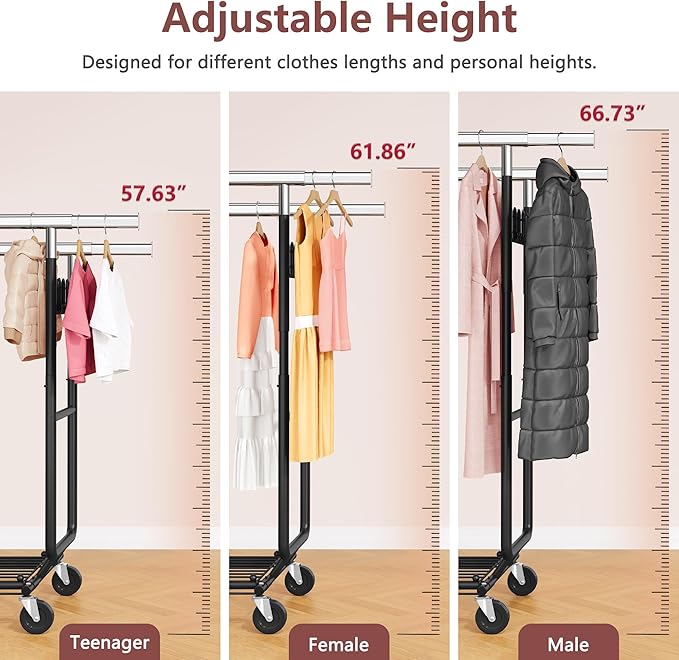 Hoctieon 2-Minute Assembly Double Rod Clothes Rack, Heavy Duty Rolling Clothing Racks with Wheels, Foldable Commercial Garment Rack, Extendable Hanging Bar, Adjustable Metal Pole with Hooks, Black