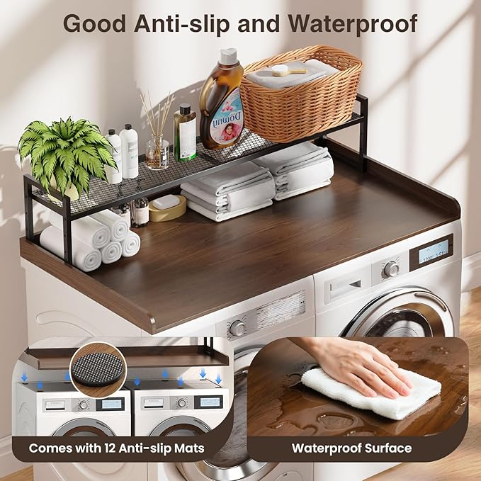 Washer Dryer Countertop with Shelf, 54" x 27.5" Wooden Washer and Dryer Topper, Laundry Countertop with Anti-Slip Pads, Washer Dryer Topper for Laundry Room Organization and Storage (Dark Wood)