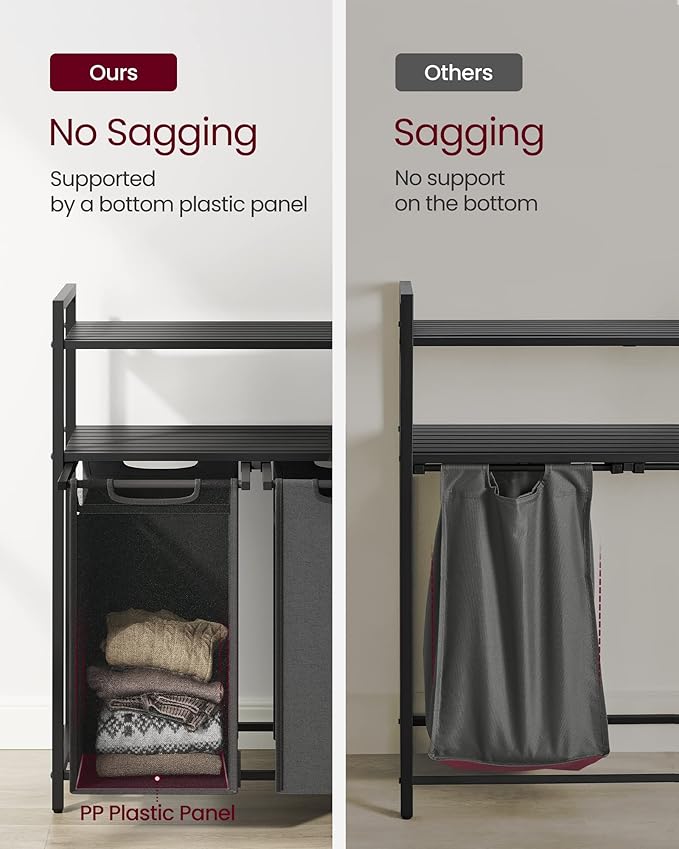 VASAGLE Laundry Hamper, Laundry Basket, Laundry Sorter with 2 Pull-Out and Removable Bags, 2 Shelves, 12.1 Gal (46L) Capacity per Bag, for Laundry Room, Black and Gray UBLH211G01