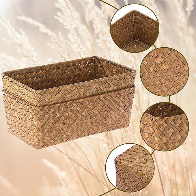 Set of 2 Wicker Storage Baskets for Shelves, Simple Organizing Basket for Home Shelf Baskets Woven Wicker Organizer Bins Shelf Baskets for Organizing Wardrobe Desktop Home Decor, Caramel