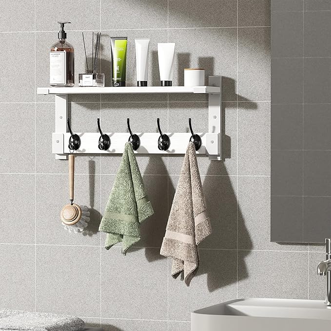 Wall Hooks with Shelf, Coat Rack Wall Mount for Coat Backpack Key Clothes Hanger, Wall Floating Shelf Hanging in Entryway, Living Room, Bathroom, Bedroom, Kitchen(White)