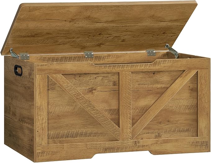 usikey Toy Box, Storage Chest with Safety Hinges, Lift Top Wooden Toy Chest, Storage Bench, for Living Room, Bedroom, Entryway, Honey Brown