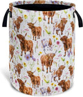 Cows Flowers Laundry Basket Foldable Oxford Cloth With Handle Portable Highland cattle Storage Basket Organizer Suitable For Laundry Room/Bedroom/Living Room/Children'S Room (18.9 X 16.5 Inch)