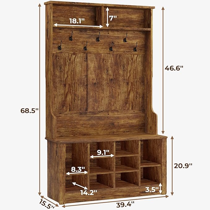 Itaar Hall Tree with Bench and Shoe Storage, Entryway Bench with Coat Rack, Shoe Cabinet with Coat Hooks, Rustic Brown