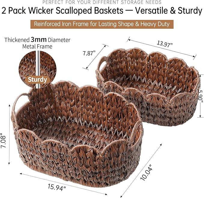 Wicker Scalloped Basket Set of 2,Woven Storage Baskets for Shelves,Closet,Laundry,Gift,Towels,Books,Toys,Waterproof Cute Decor Basket for Organizing,Brown