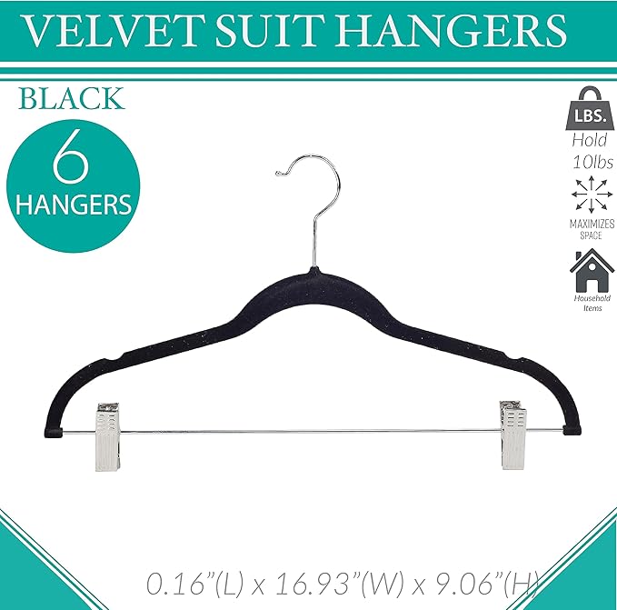 Simplify 24 Pack Velvet Hangers with Clips | Skirt and Pants | Slim Space Saving | Closet Organization | Non-Slip | Prevent Creases | Swivel Neck | Durable | Black