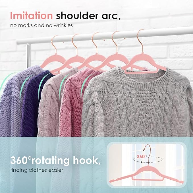 Velvet Hangers Non Slip Felt Hangers, 30 Pack Pink Velvet Clothes Hangers Space Saving Slim with 360 Degree Swivel Hook for Suits Coats, Jackets, Pants, and Dress Clothes