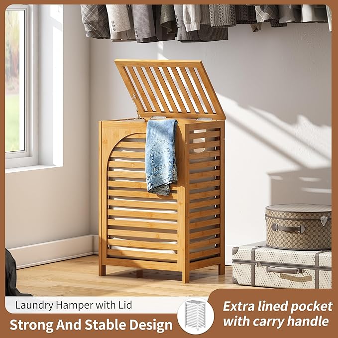 FILWH Laundry Hamper with Lid (16.9 * 13 * 26.5inches) Large Bamboo Laundry Bin Basket 85L Clothes Hamper with 1 Removable Bag Storage baskets for Bathroom(Natural)
