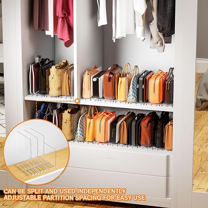 Yieach Clear Acrylic Shelf Dividers for Closet Organization,16Pack Adjustable Bags,Clutch,Purse Organizer and Storage,Handbag Organizer for Closets,Purse Divider,8.8″ Tall Sweater,Tshirt,Towel Divider