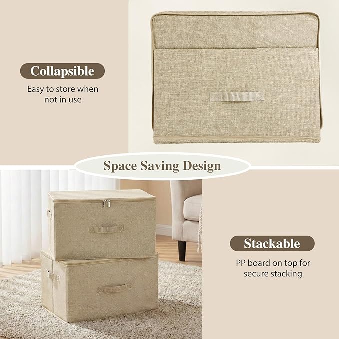 ANMINY Storage Bins with Zipper Lids 36 Qt Lidded Fabric Storage Boxes Baskets Cubes with Handles Collapsible Washable Cotton Linen Closet Shelf Clothes Organizer Containers - Beige, Large