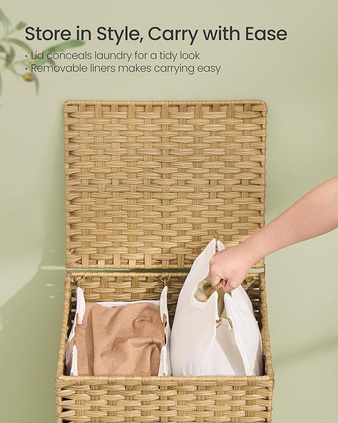 SONGMICS Laundry Hamper with Lid, 29 Gal. (110 L) PE Rattan Laundry Basket with Lid and Handles, Natural Material,Removable Machine Washable Liner, Goose Yellow ULCB222YE01