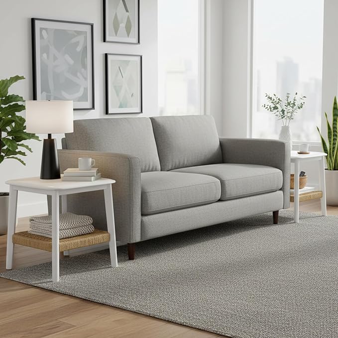 Alaterre Furniture Calais Side Table - 2-Tier Small End Table with Woven Storage Shelf - Wooden Nightstand for Small Spaces, Living Room, or Bedroom - Mid Century Modern Furniture (White, Set of 2)