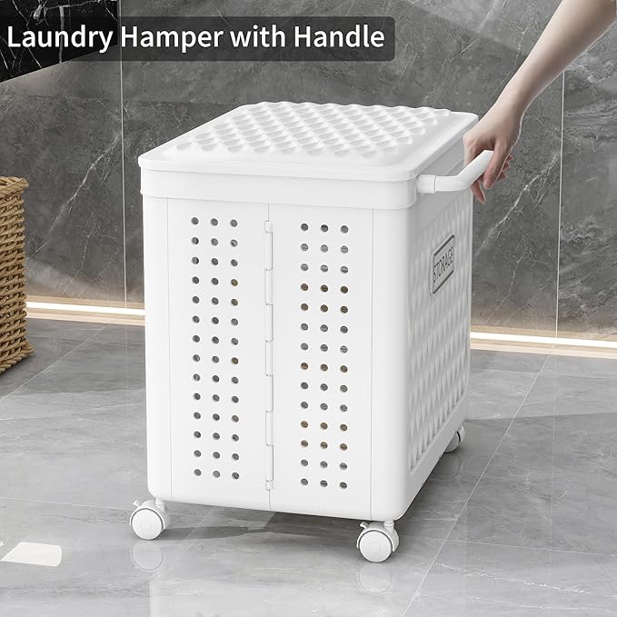 Laundry Hamper with Wheels and Lid, Foldable Clothes Basket for Small Spaces, Rolling Laundry Bin for Laundry Bathroom Bedroom Gym Room