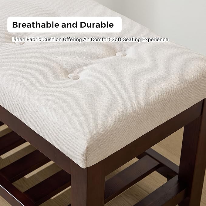Shoe Bench Entryway, 44" End of Bed Bench,Upholstered Linen Bench for Living Room,Fabric Ottoman Bench with Solid Wood Shelf for Bedroom, Entrance Beige