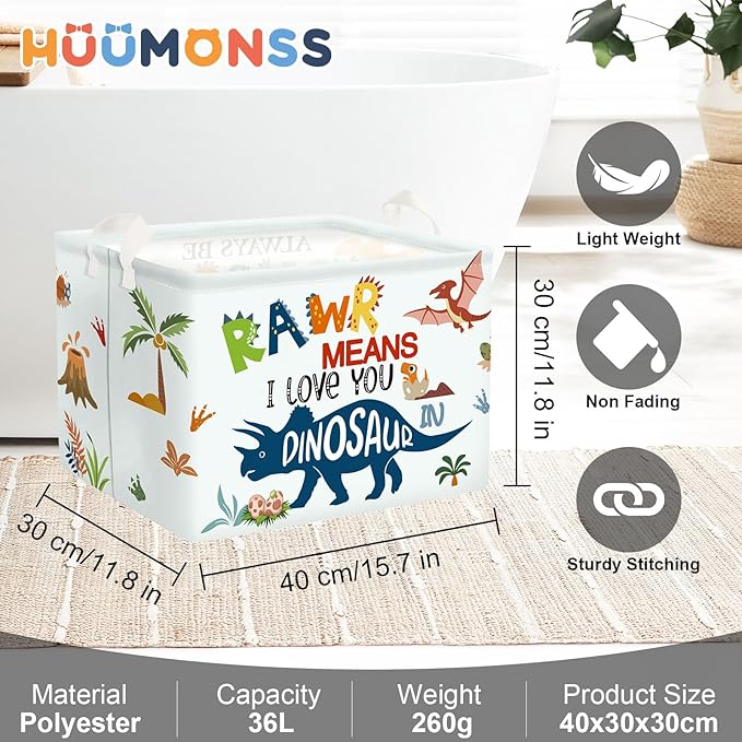 Dinosaur Laundry Hamper Large Storage Basket Cartoon Dino Collapsible Parents Organizer Kids Toy Clothes Bins for Bedroom, Bathroom, Boho Words, 36L