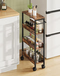 4-Tier Slim Storage Cart, 7.1'' Kitchen Serving Trolley, Slim Rolling Cart with Handle and Guard Rails, Slim Cabinet for Small Spaces, for Dining Room, Rustic Brown and Black TTC02BF