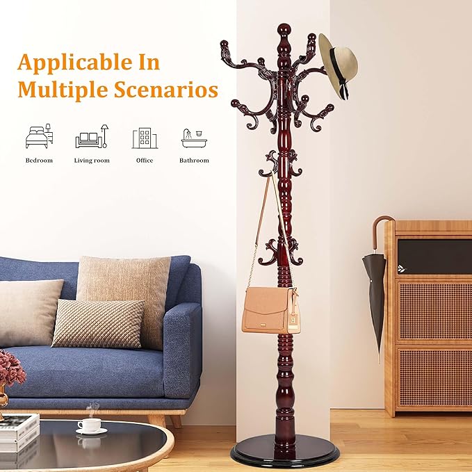 Modern Wooden Coat Rack Heavy Duty Solid Wood Freestanding Coat Racks Stand Adjustable Height 37.4’’-72.83’’ with 14 Hooks and Sturdy Round Base Coat Tree for Living Room, Bedroom