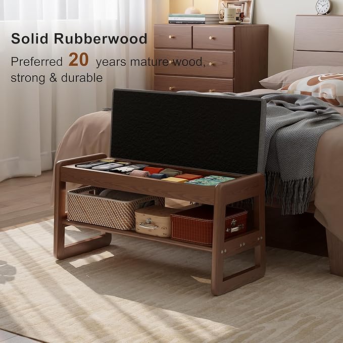 AQIMUELE Shoe Rack Bench,2 Tiers Shoe Bench with Storage with Flip-Top,Wood Shoe Rack for Entryway,Hallway（Walnut Upholstered Seat）