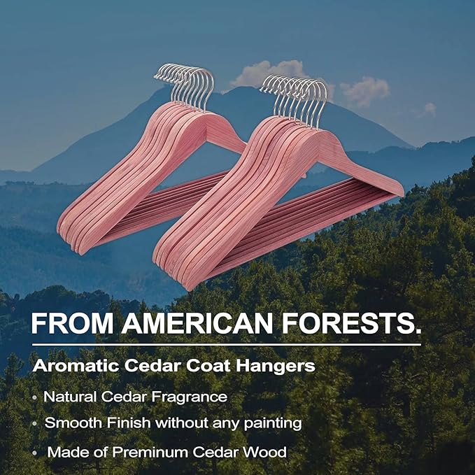 FairyHaus Natural Cedar Hangers 24Pack, Smooth Finish Wooden Coat Suit Hangers - Slim Sleek & Flat Cedar Wood Shirt Hangers with 360° Rotating Hook, Durable Cedar Clothes Hangers