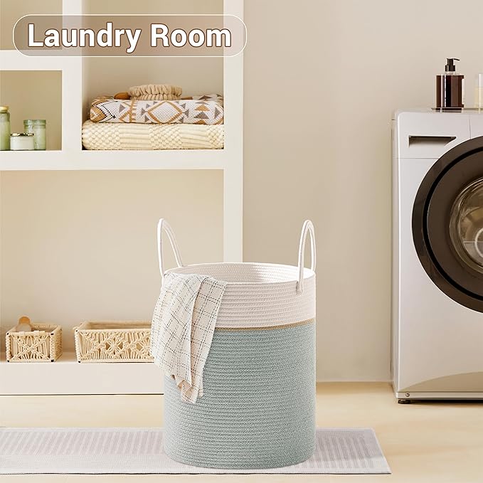 Tall Laundry Basket with Handles, 100L Portable Dirty Clothes Hamper, Boho Cotton Rope Storage Bin for Blankets Kids Toys Gifts, Extra Large Organizer for Nursery Bedroom Bathroom, Sage Green