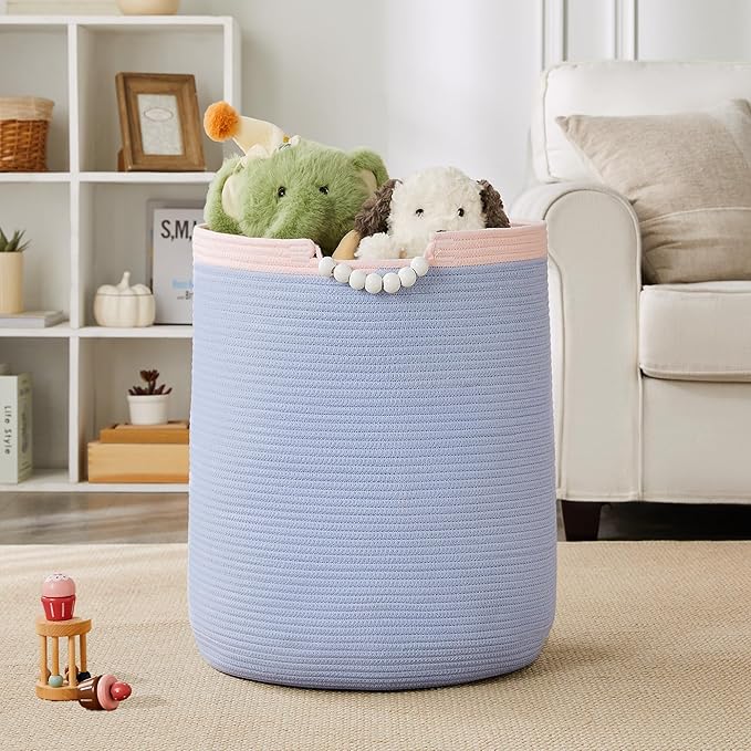 90L Large Blue Woven Rope Laundry Hamper Basket for Clohtes Boho Tall Rope Baskets for Blanket Baby Nursery Hamper for Girls Kids 17"Wide 22"Tall