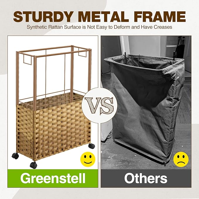 Greenstell Laundry Hamper with Wheels, 17.4 Gallon (66L) Slim Laundry Basket with 2 Removable Liner Bags & 2 Mesh Bags, Narrow Rattan Clothes Hamper for Bedroom, Laundry Room, Bathroom, Natural