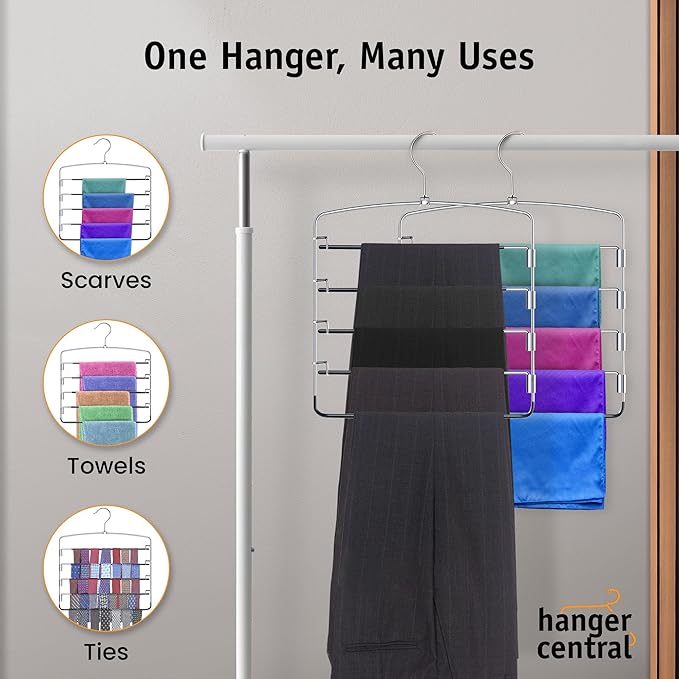 Hanger Central 3 Pack Space Saving Swing Arm Pants Hangers – 5 Tier Stainless Steel Multi-Layer Closet Organizer for Jeans, Slacks, Trousers, Skirts – Non Slip Hangers for Clothes, Black