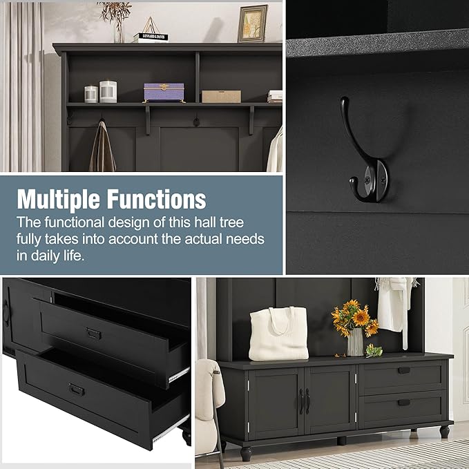80.3” Tall Hall Tree with Cabinet and 2 Large Drawers, Modern Wooden Coat Hanger with 5 Coat Hooks and 2 Open Shelfs, Storage Bench, Entryway Bench (Black-Storage Cabinet)