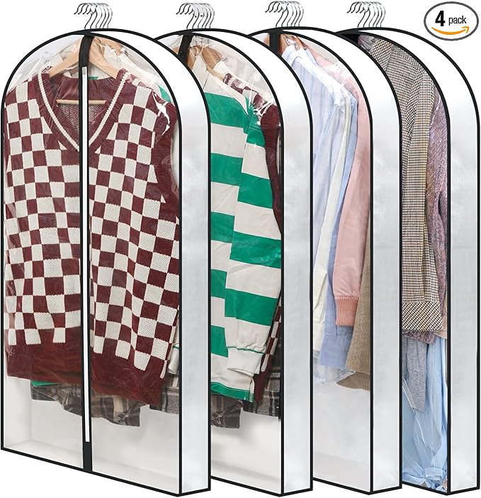 40" Clear Garment Bags for Hanging Clothes, 4" Gusseted Suit Bags for Closet Storage, Hanging Clothes Storage Suit Cover Bags with Zipper for Coats, Jackets, Shirts, 4 Packs