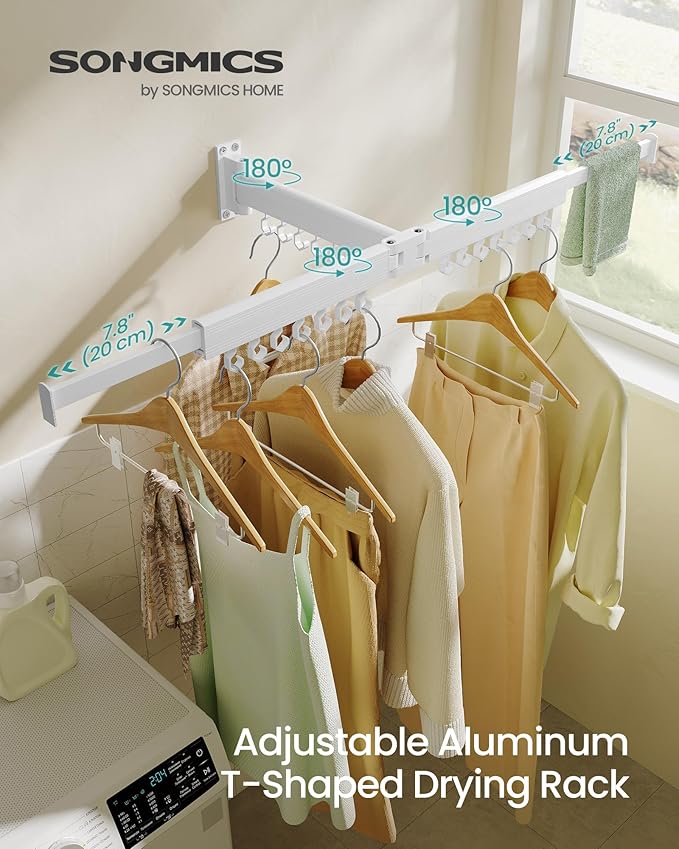 SONGMICS Clothes Drying Rack, Wall-Mounted Laundry Drying Rack, Extendable, Foldable Arms, with 21 Swivel Sliding Hooks, Space-Saving, for Laundry Room, Bathroom, Cloud White ULLR807W01