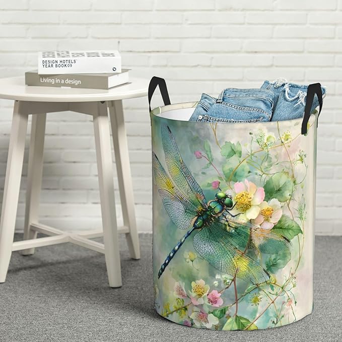 Dragonfly Floral Pattern Laundry Hamper, Collapsible Storage Basket with Handles for Clothes, Bedroom, Bathroom 19.6 x15.7 Inch