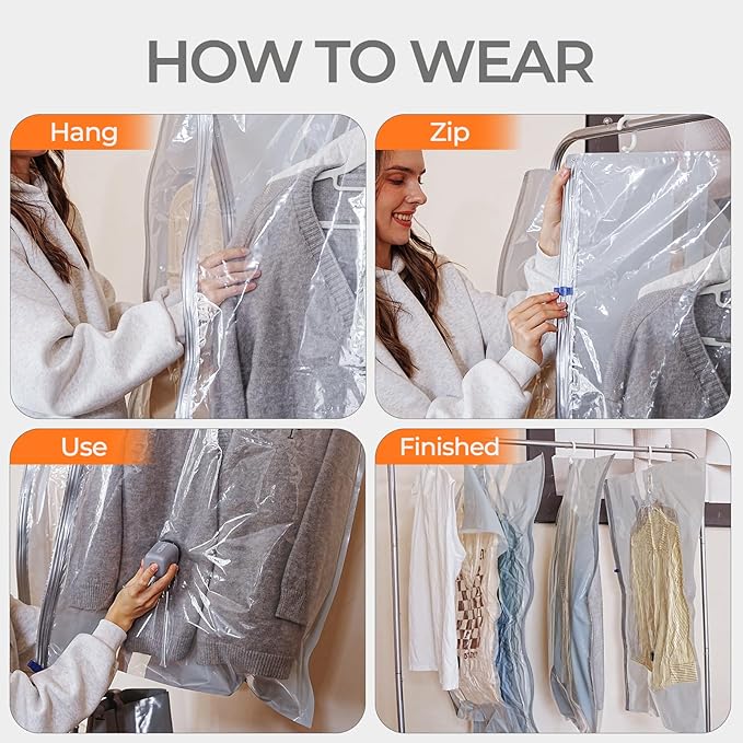 Hanging Vacuum Storage Bags 4 Pack Hanging Vacuum Seal Bags for Clothing Coat Storage Suit Bags, Hanging Plastic Clothes Cover for Coat Dress Fur Shirt Vacbird