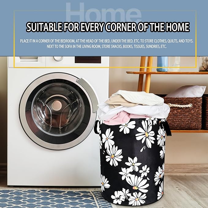 Daisy Laundry Basketwhite Yellow Flower Foldable Oxford Cloth Funny Tote Bag Laundry Hamper Clothes Storage Bucket Toy Organizer For Bathroom/Laundry Storage/Bedroom 18.9x16.5 In