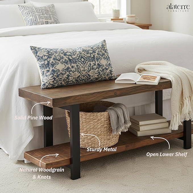 Alaterre Furniture Pomona Entryway Organizer – Modern Rustic 48-Inch Solid Wood Entryway Bench with Open Bottom Storage Shelf – Farmhouse Hallway Seating for Mudroom or Foyer (Rustic Brown)