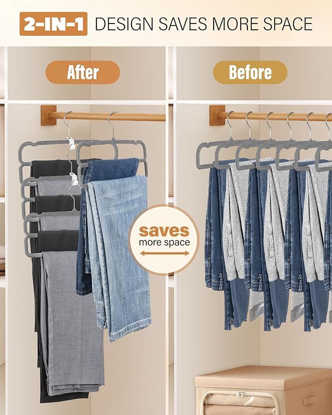 Velvet Pant Hangers, Felt Trouser Hangers for Women and Men, Heavy Duty, Space Saving, 13.77"(L) Slim Double Non-Slip Hanger, 360° Swivel Multiple Flocked Jean Hangers for Adult Teen 10 Pack (Grey)