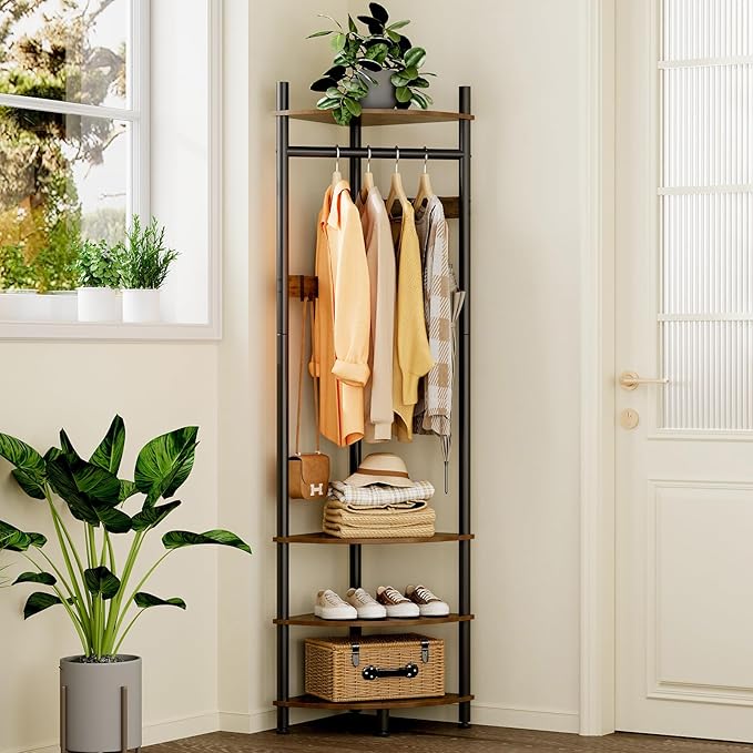 GiftGo Corner Hall Tree with Shoe Rack Entryway Coat Rack with 6 Metal Movable Hooks Floor Standing Clothes Rack Organizer for Home Office Bedroom (Rustic Brown)