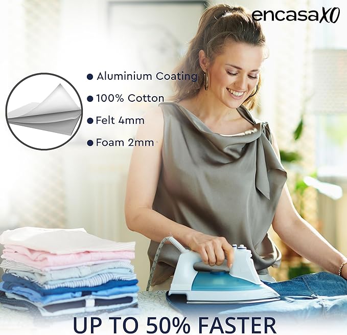 Encasa XO Ironing Board Cover and Pad 54"x15" - 4mm Felt & 2mm Foam Metallized Silver Iron Board Cover with Padding - Heat & Scorch Resistant, Non Slip, Bungee Elasticated, 3 Fasteners Silver Luxury