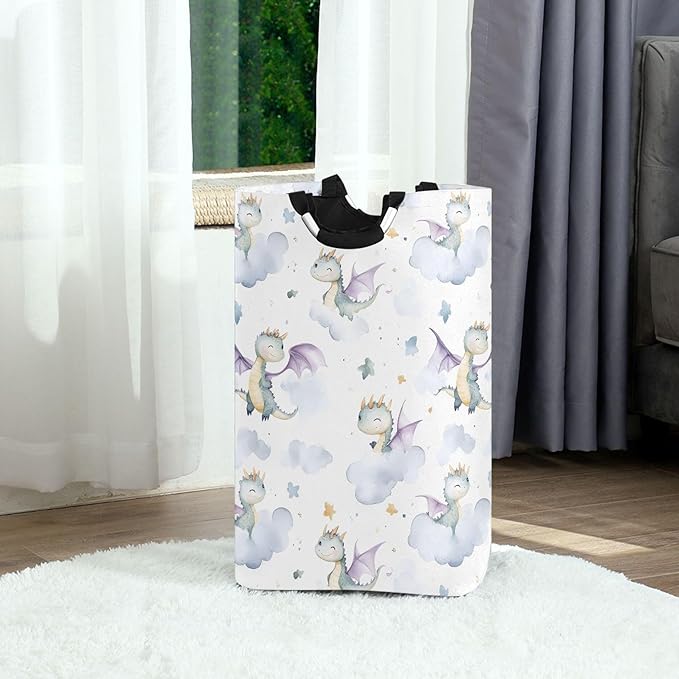 xigua Watercolor Dragon Large Laundry Hamper with Handle, Foldable Clothes Hamper Collapsible Storage Basket for Toys and Clothes Organization in Bedroom, Bathroom, and Laundry Room