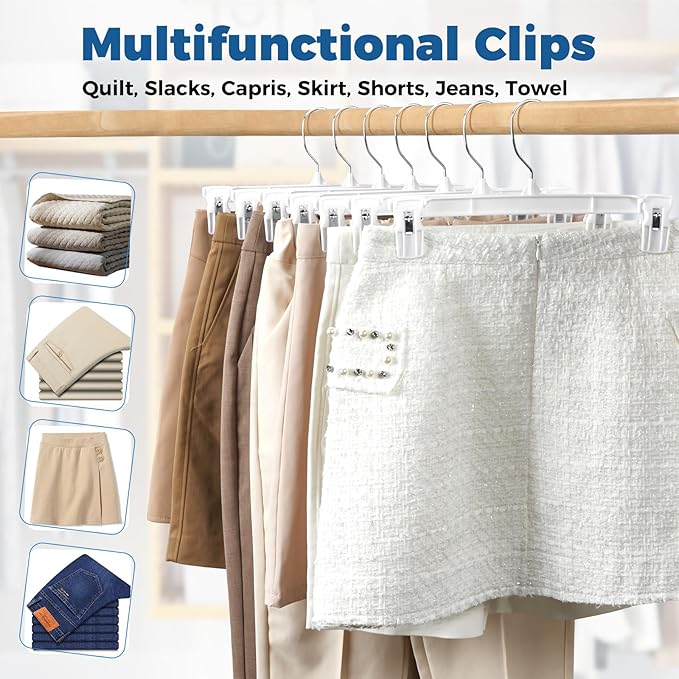 Smartor Skirt Hangers|Pants Hangers with Clips| 10 30 60 Pack Available | Space Saving| Durable| Upgraded Clips| Pants Hanger for Men| White Hanger Clips for Women Shorts, Jeans, Slacks - 30 Pack