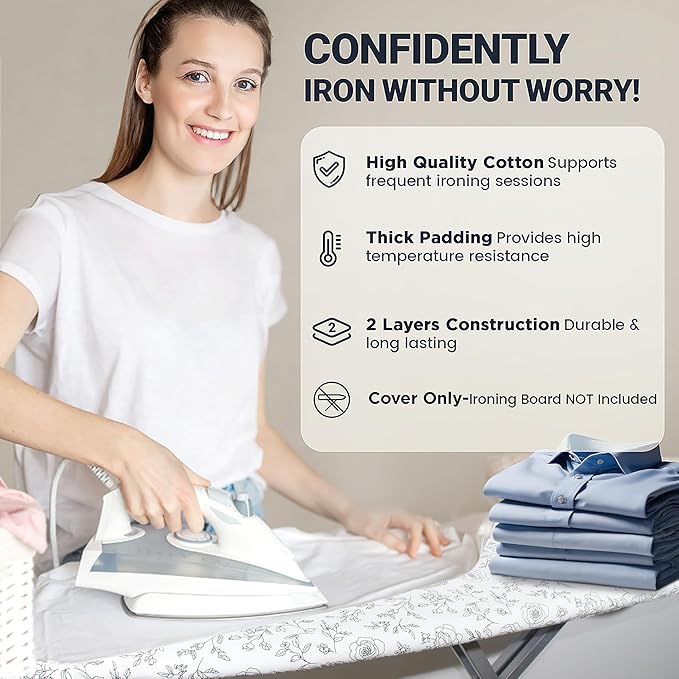 Ironing Board Cover and Pad 15"x54" Extra Thick Natural Cotton, Scorch and Stain Resistant Padding, Standard Size Iron Board Cover with Fasteners Heavy Duty Elastic Edge, Heatproof Rose