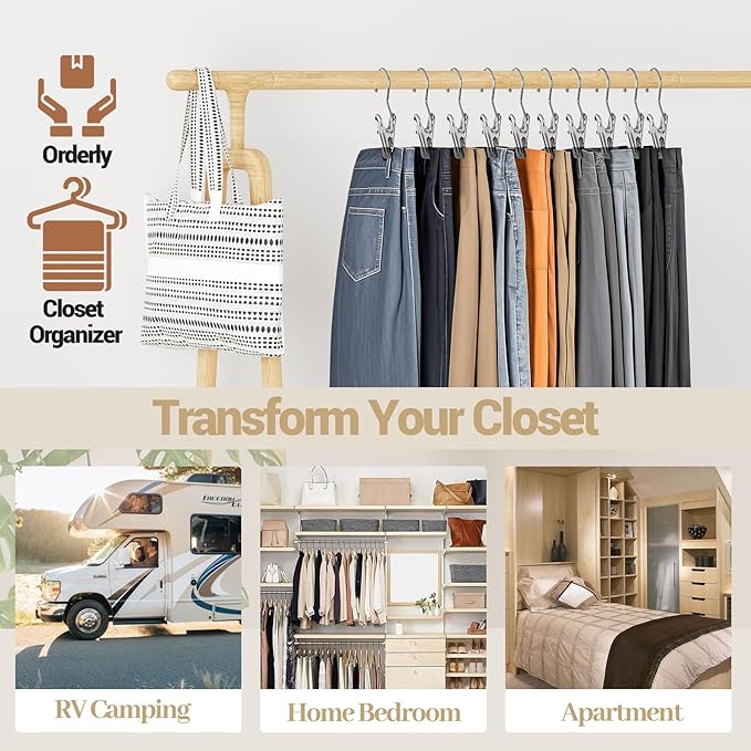 Pant Hangers with Clips, Hanger Clips, Clothes Pins, Space Saving Hanging Closet Organizer Storage, Jean Hangers, Clothespins for Leggings, Pants, Skirt, Hat, Boots, 24 Clips+6 Self Adhesive Hooks