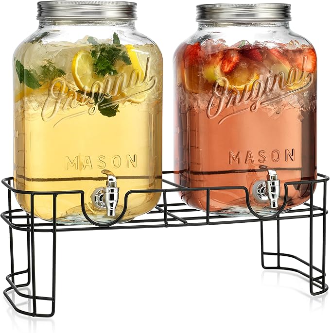 MosJos 2 GALLON Glass Drink Dispensers for Parties, Original Mason Ice Beverage Dispensers with Metal stand, Glass Water Dispenser with Spigot, Laundry Detergent Dispenser, Lemonade Dispenser Set